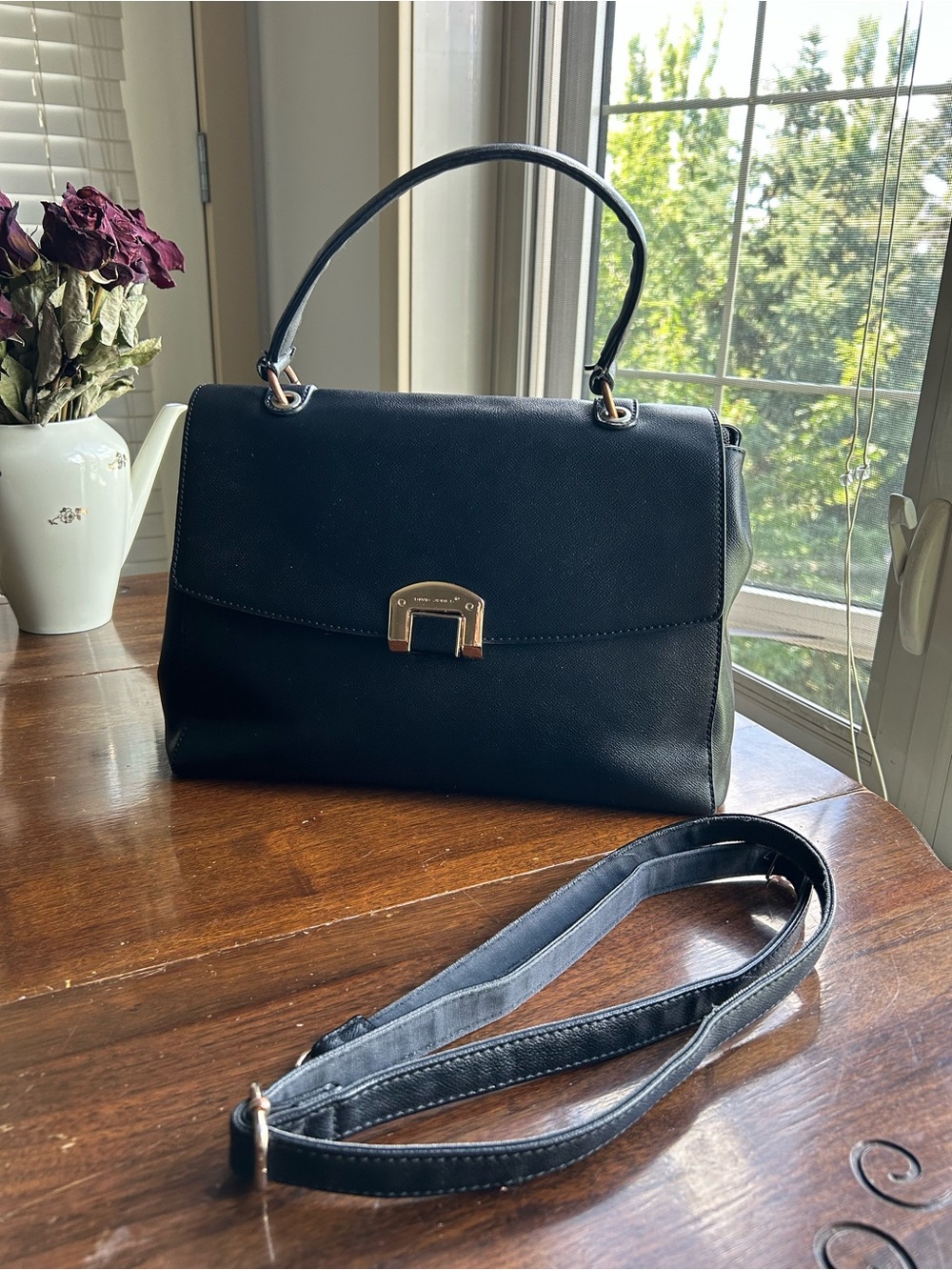 David Jones Classic Black Top Handle Satchel Bag Gold Accent Structured Purse